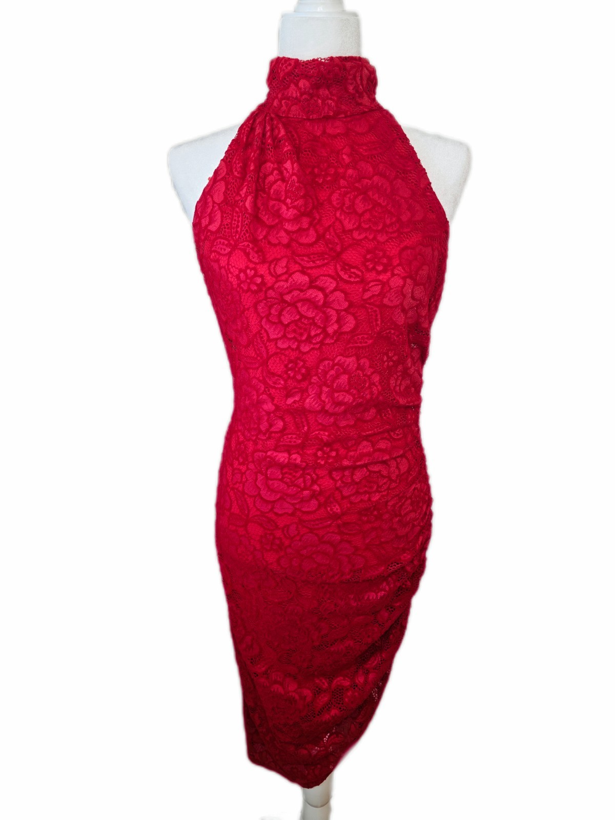 Jewel Badgley Mischka Dress Midi Halter Red Floral Lace Cocktail Size 4