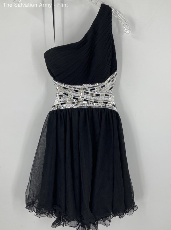Blondie Nites Womens Black White Sequins One-Shoulder Back Zip Mini Dress Size 5