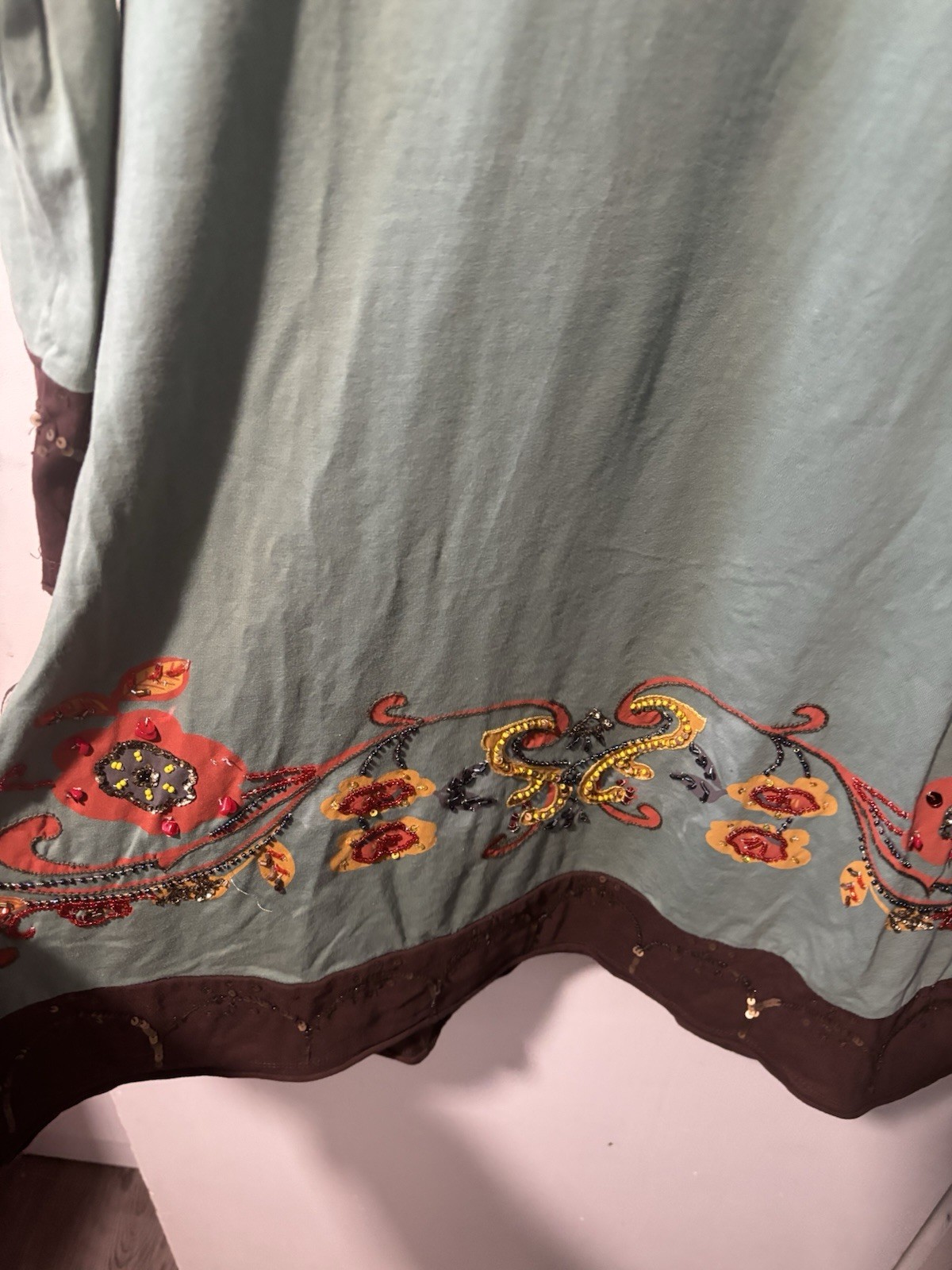 Double D Ranch Tunic Dress Embroidered Beaded Floral Long Sleeve V Neck Size S