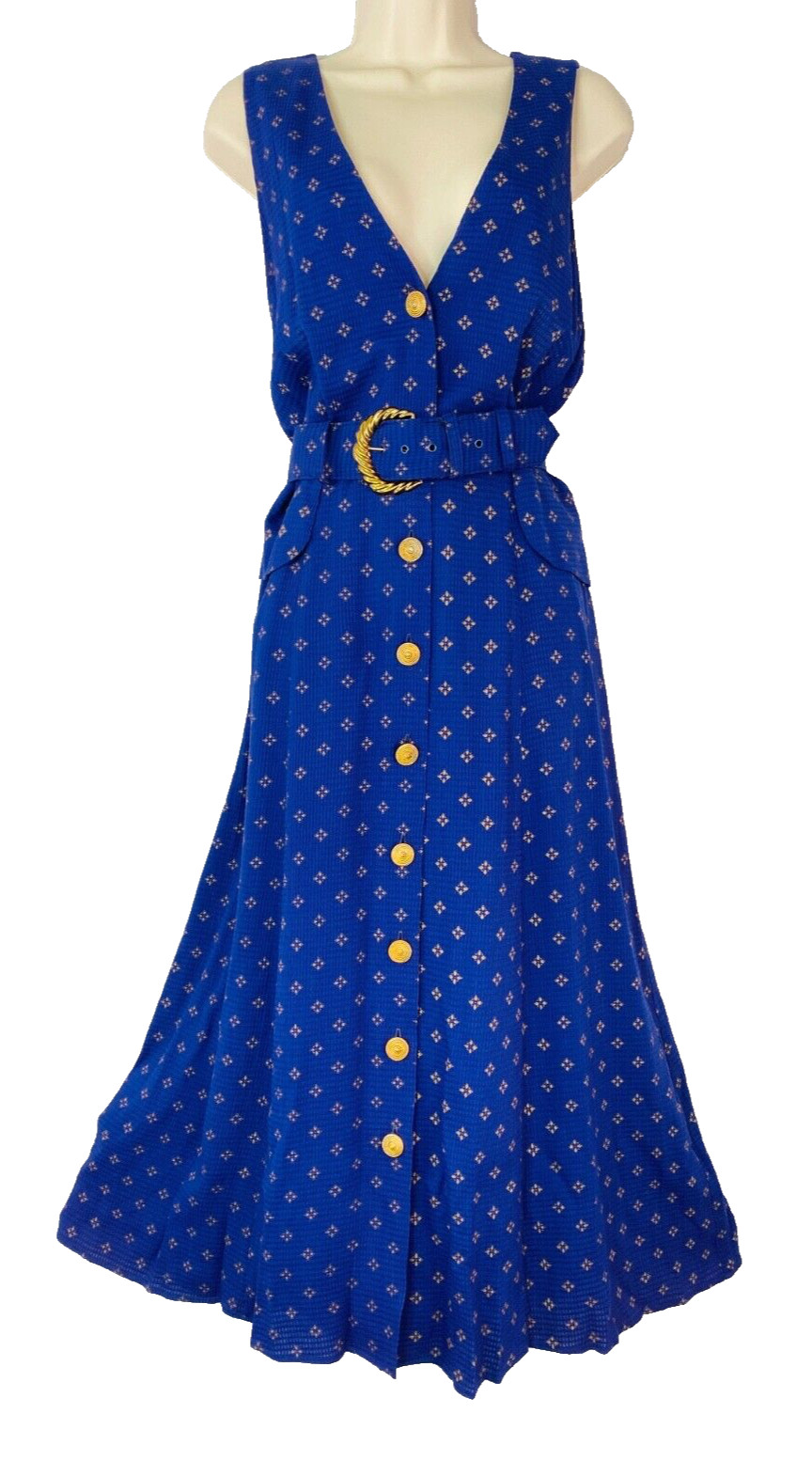 Vintage 1990s blue buttoned midi dress, rayon sleeveless gold 1940s peplum M L