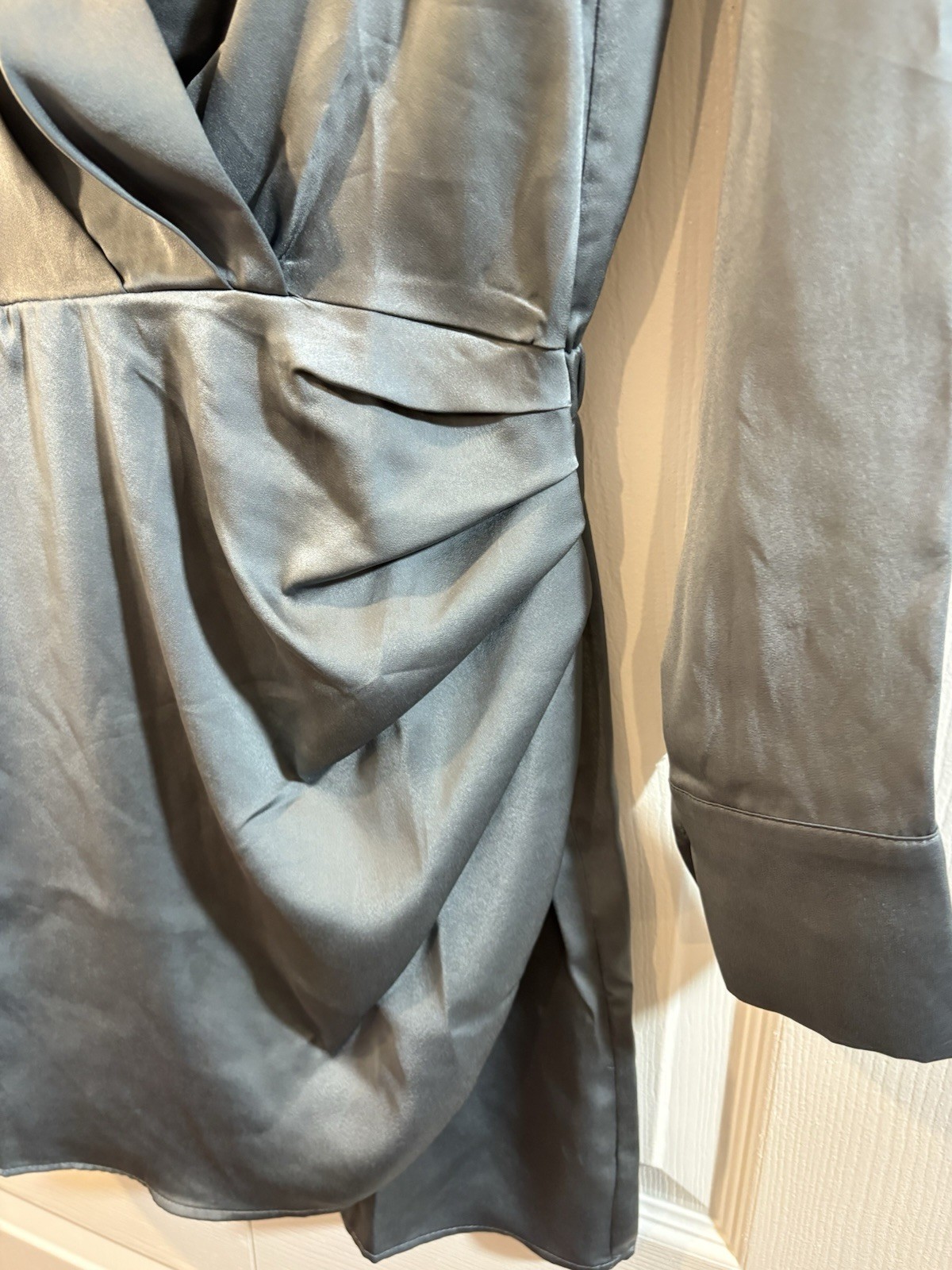 NWT The Drop Small Satin Wrap Shirt Dress Blue Gray Long Sleeve Collared