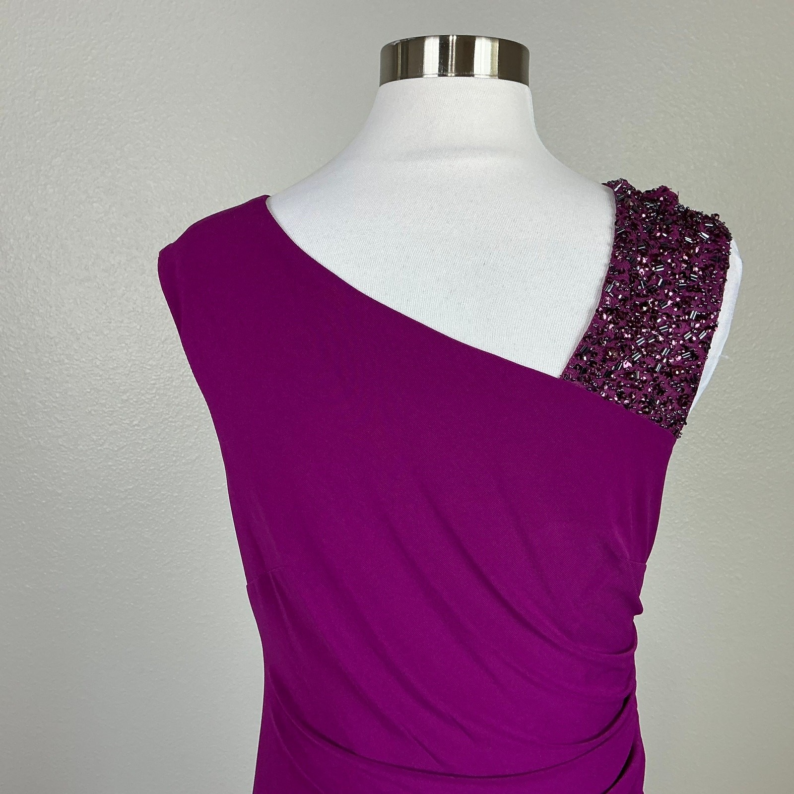 Adrianna Papell Pink Evening Gown Beaded One Shoulder Long Column Dress Size 8
