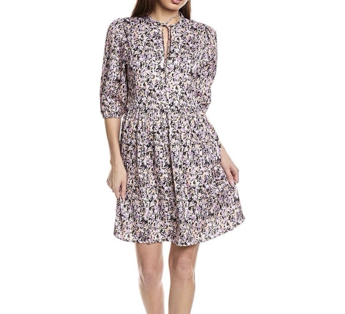Hugo Boss Dorena Dress SzM Floral Tie-Neck Smocked Waist Dress Feminine Babydoll