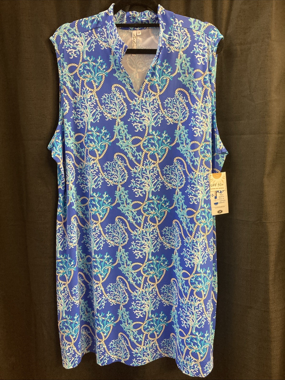 Lulu B 2X V-Neck Dress Blue White Upf50