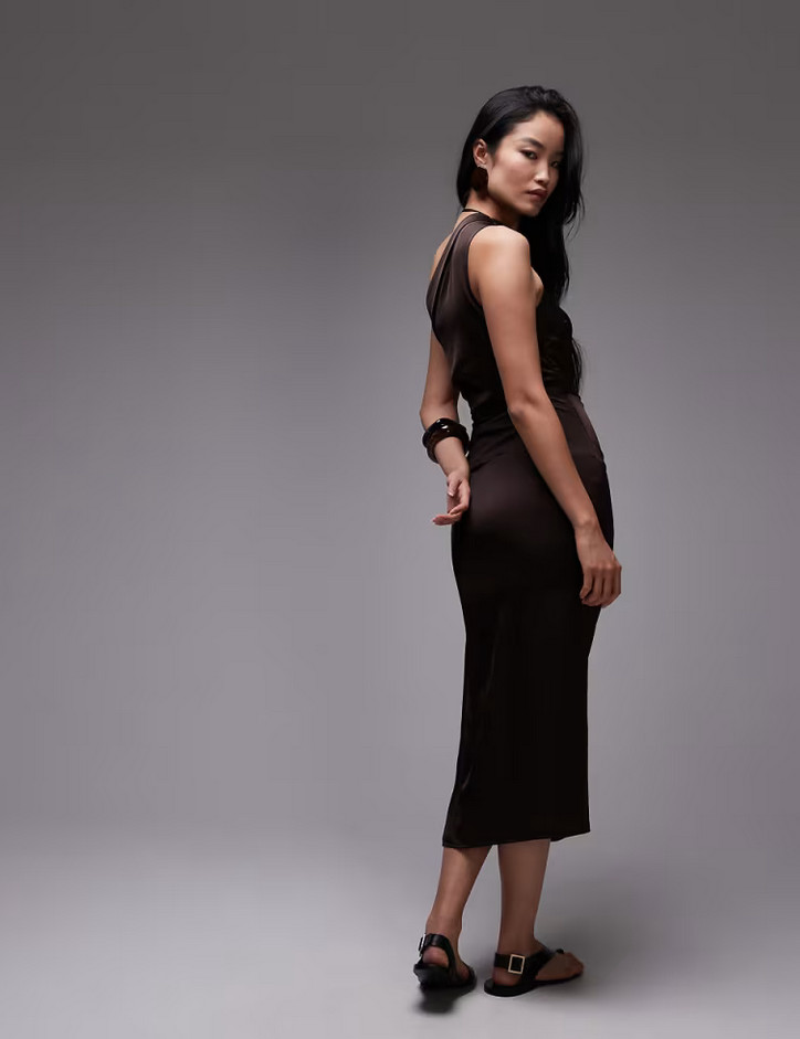 NWT MANGO MNG BROWN SATIN ONE SHOULDER RUCHED DETAIL MIDAXI DRESS SZ M US 6