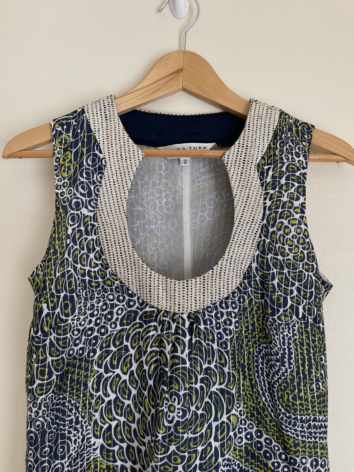 Trina Turk Blue Green Print Metallic Brocade Sleeveless Cotton Mini Dress size 2