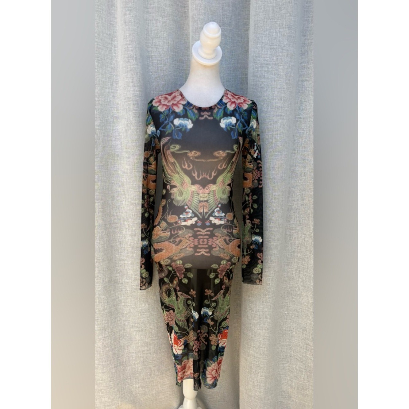 Nasty Gal long sleeve sheer mesh Asian style design bodycon dress