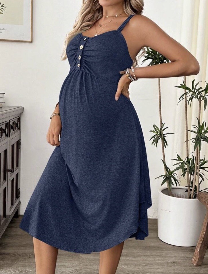 SheIn Blue Maternity Sleeveless Button Front Strappy Maxi Long Dress Womens S