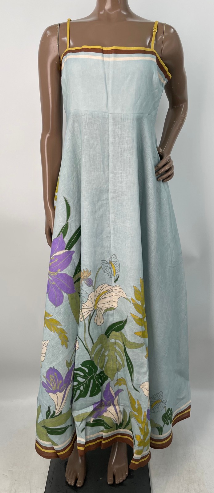 Alemais Womens Midi Dress Ice Blue/Multi Size 12 Alfie Linen Floral Strap Sleeve