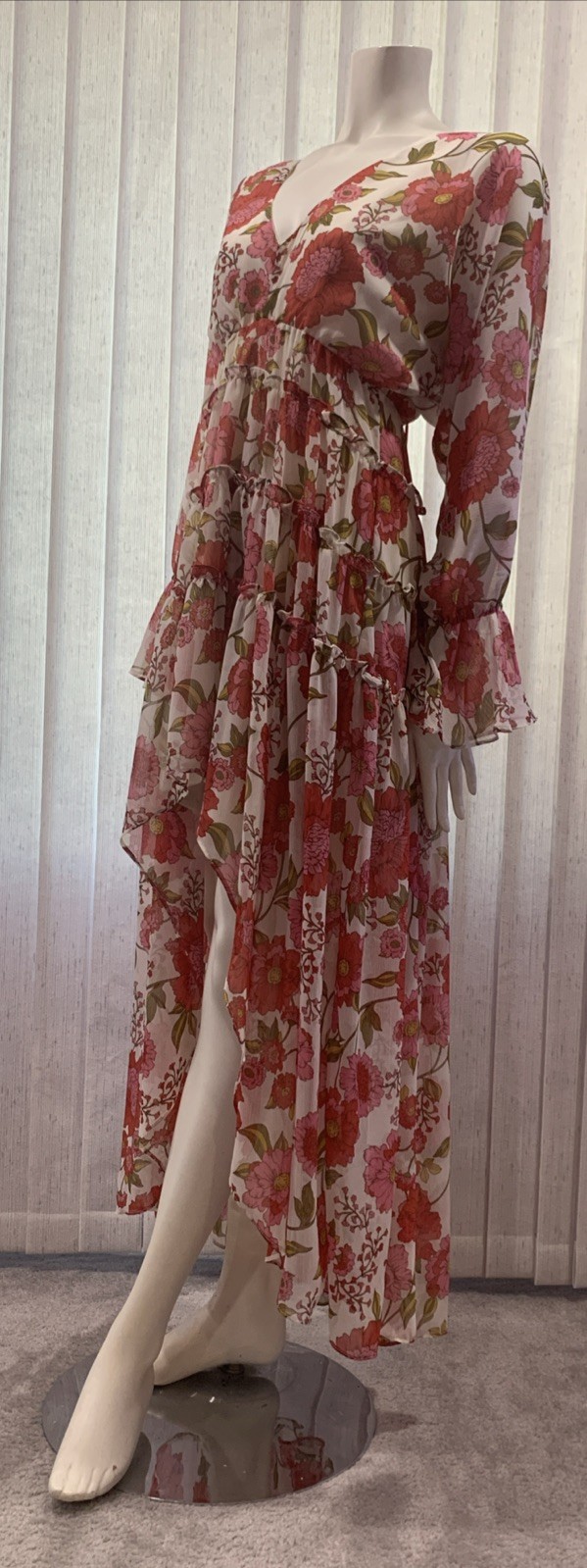 Steve Madden Chiffon Boho Chic High/ Low Dress Ruffles Pink Floral Print Size S