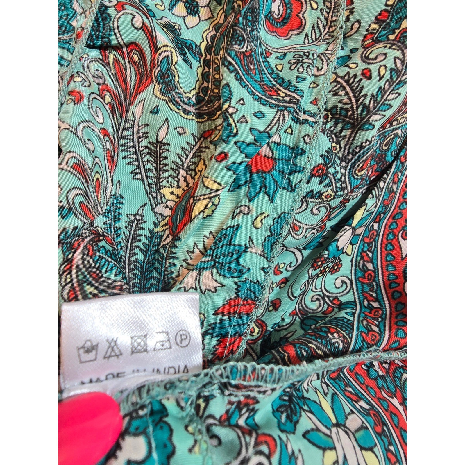 White Waves Teal Paisley Silk Blend Boho Maxi Dress L/XL Tassels Gold Foil India