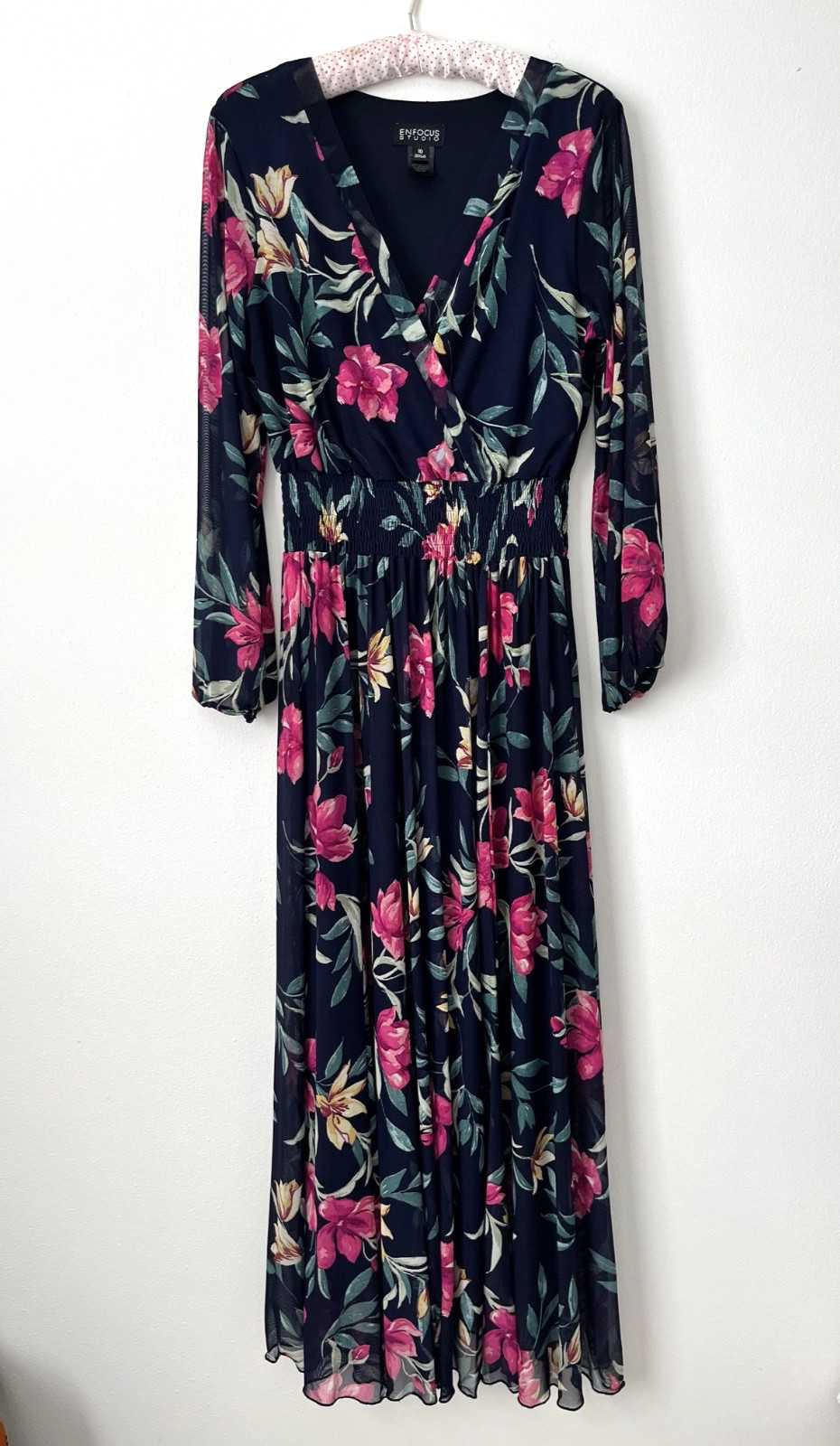 ENFOCUS STUDIO NAVY BLUE PINK FOWERS LINING LONG SLEEVE MAXI DRESS 10
