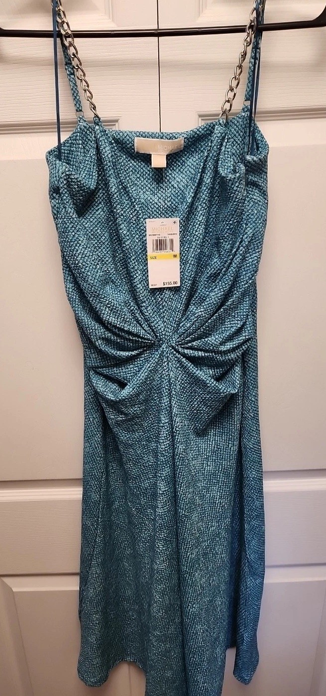 MICHAEL KORS Womens Aqua Twist Front Chain Adjustable Spaghetti Strap Dress M