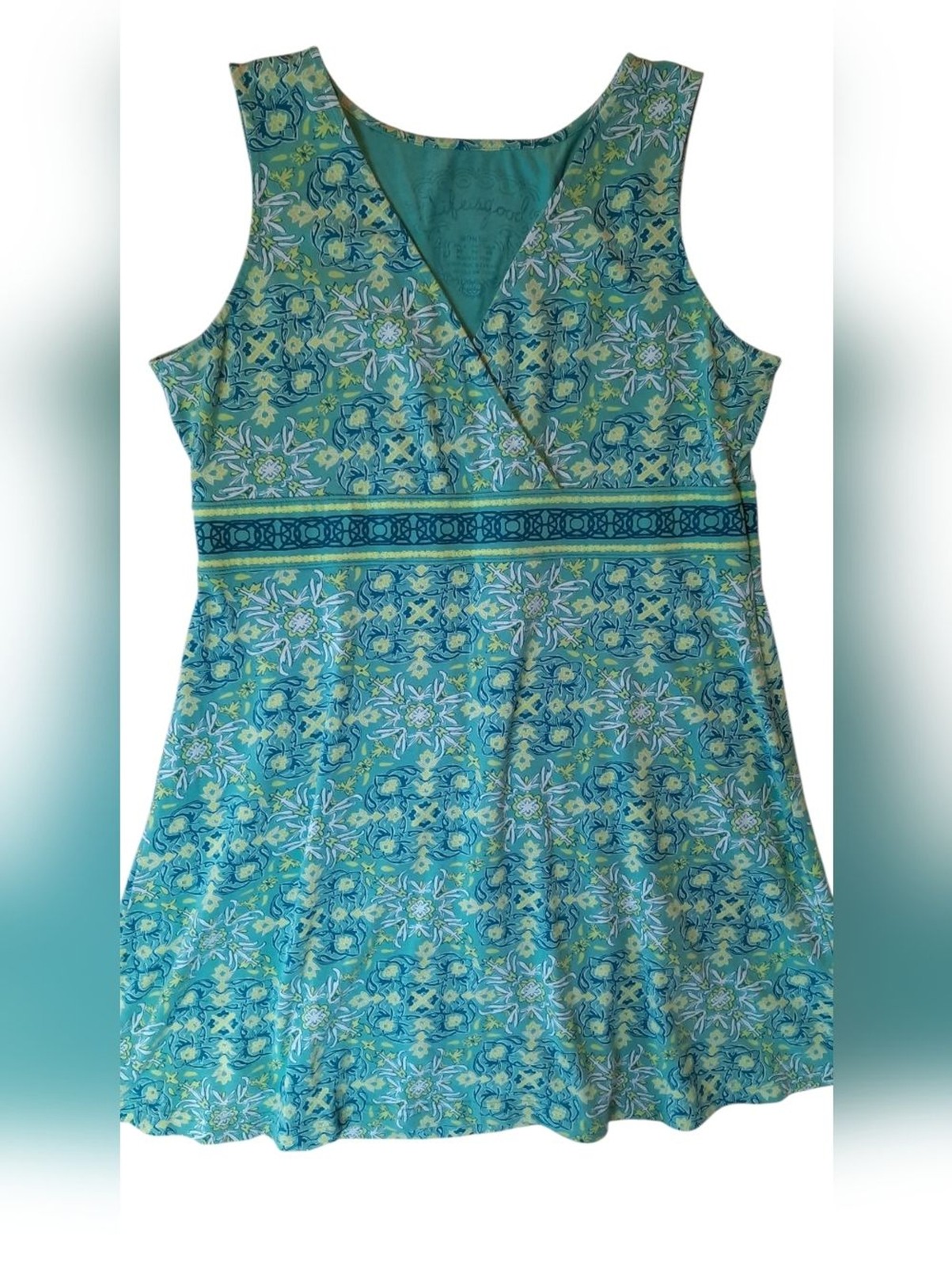 Life Is Good Dress Womans 14 Green Blue Floral Geometric Sleeveless Classic