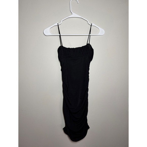 Princess Polly Black Ruched Mesh Mini Dress Bodycon Spaghetti Strap Size 2 US