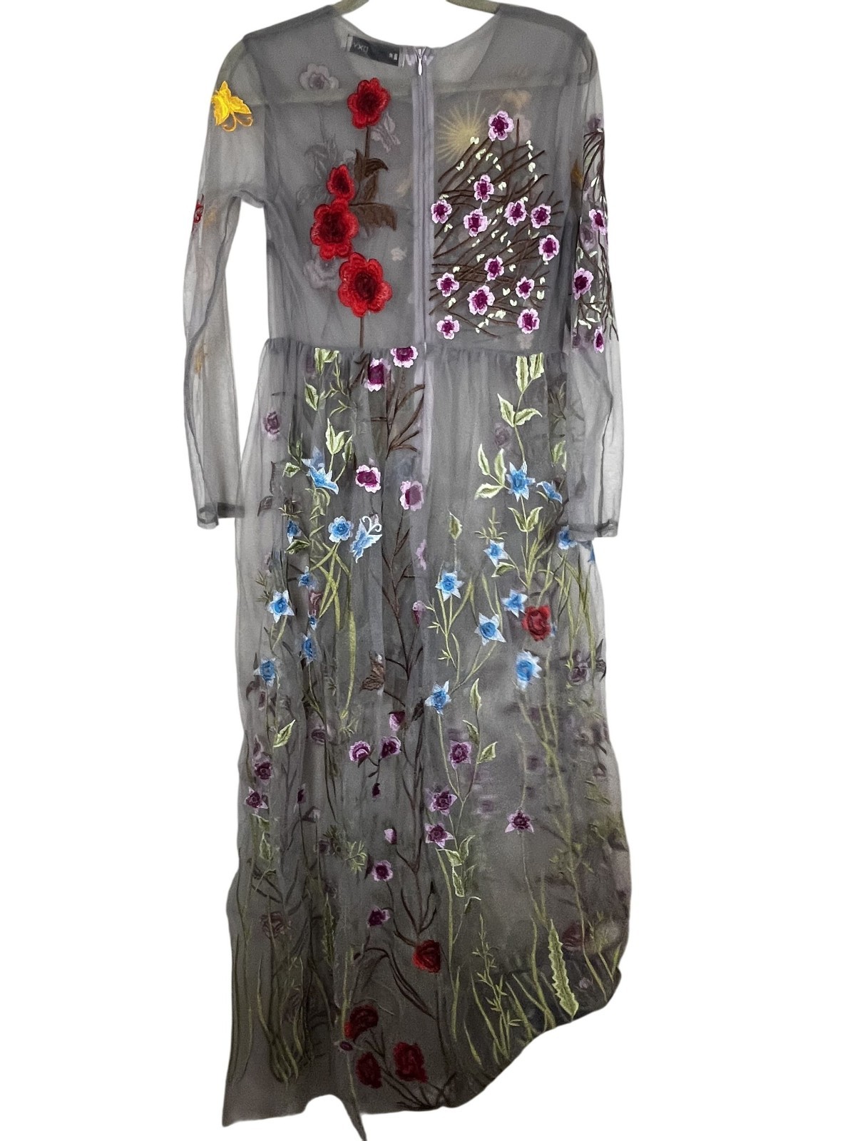 Retro Floral Mesh Maxi Dress Gray XL Whimsical Romantic Fairy Sheer Colorful Art