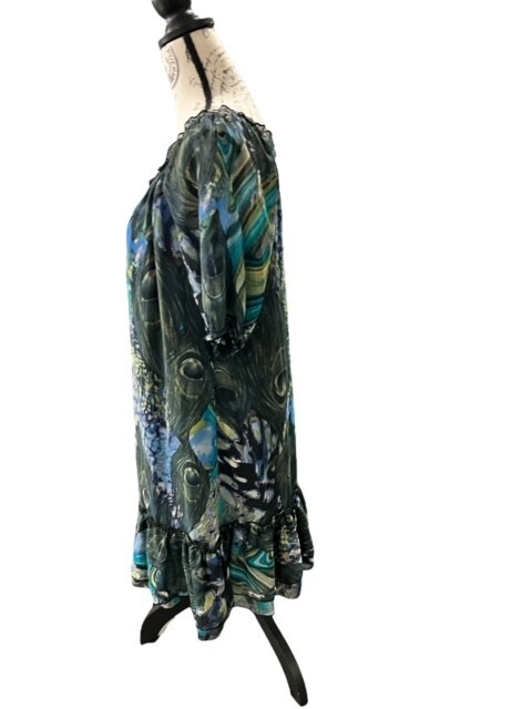 Belle Du Jour Mini Shift Dress M PEACOCK Feathers Ruffles BOHO Lined SUPER CUTE!