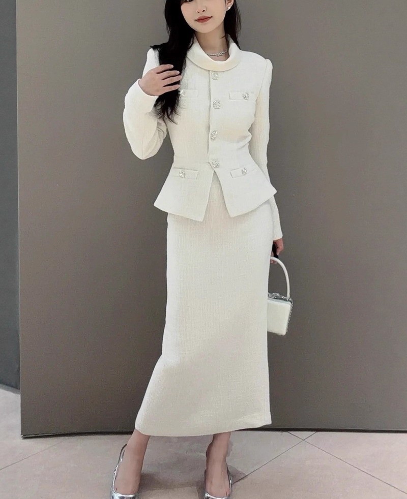 Self Portrait Women’s tweed patchwork long-sleeved stand-up collar Dresses