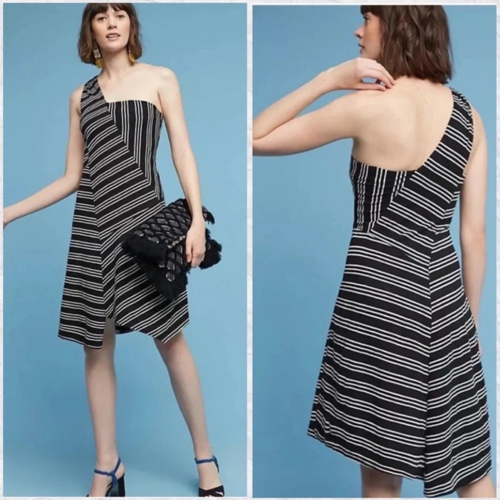 Anthropologie NWT women’s Moka One shoulder Midi dress striped Black &White SZ M