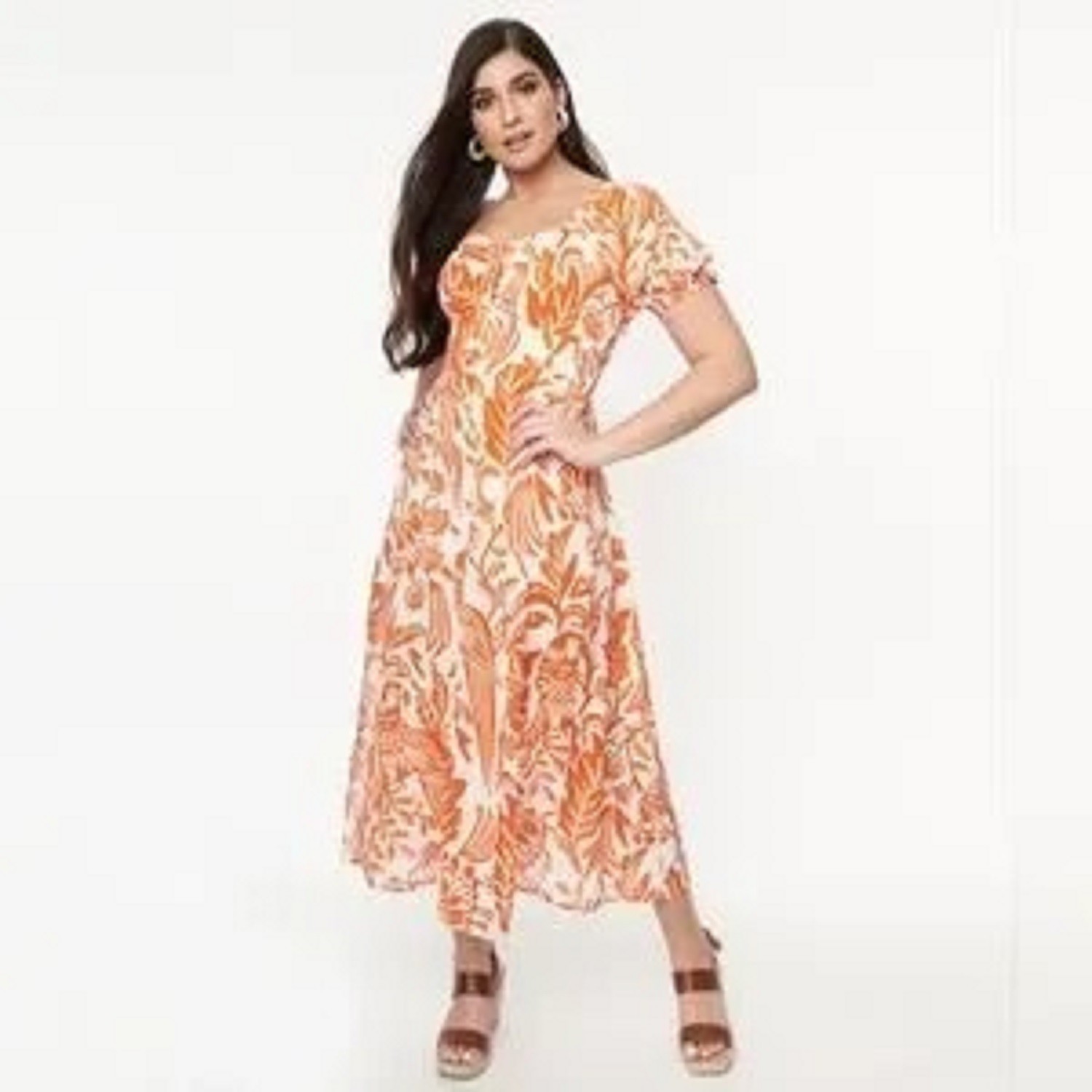 Unique Vintage Midi Dress XL 14 White Orange Parrot Empire Waist Puff Sleeve NWT