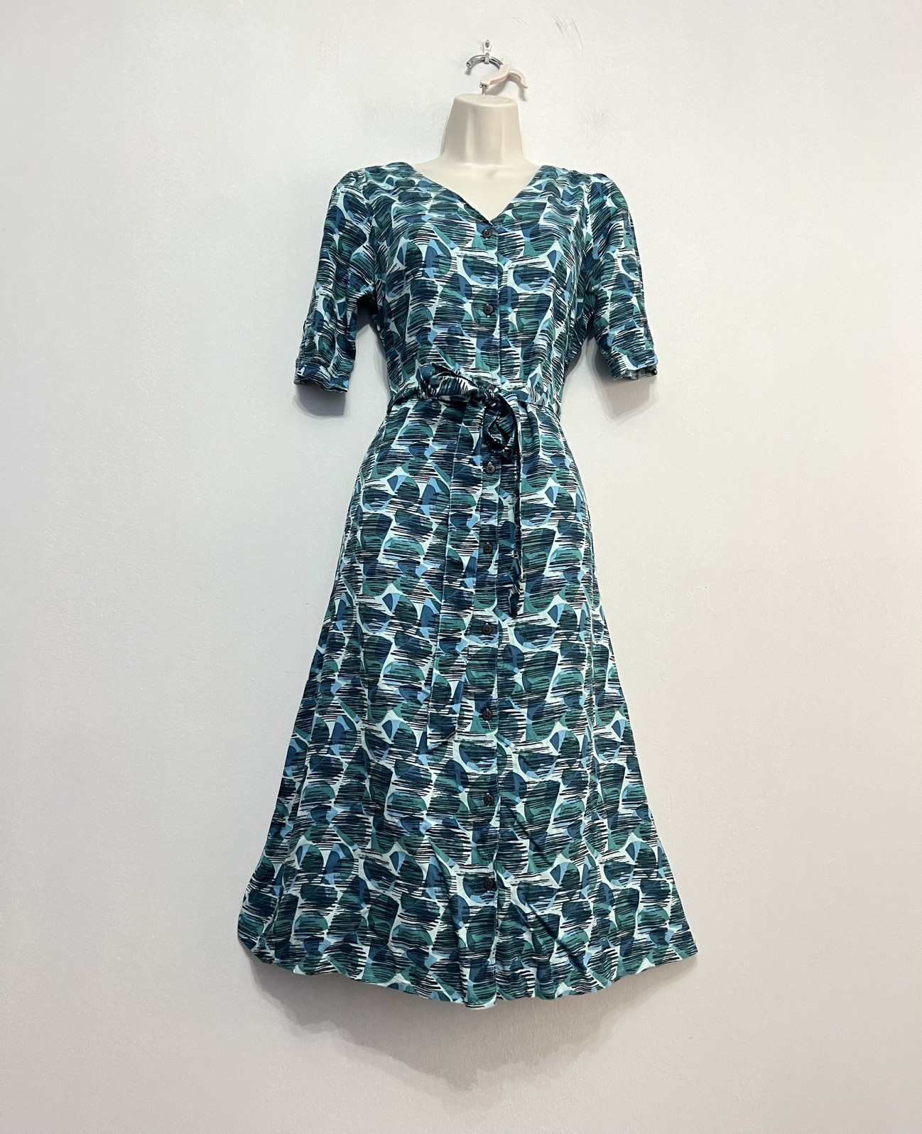 Weird Fish Button Up Belted Tie Abstract Print Midi Shirt Dress UK 10
