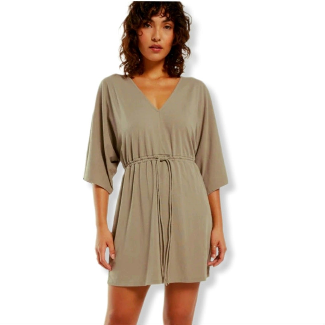Z Supply Semi Sheer Knit Dress Sz L Brown Minimalist Modern Casual Beach Relaxed