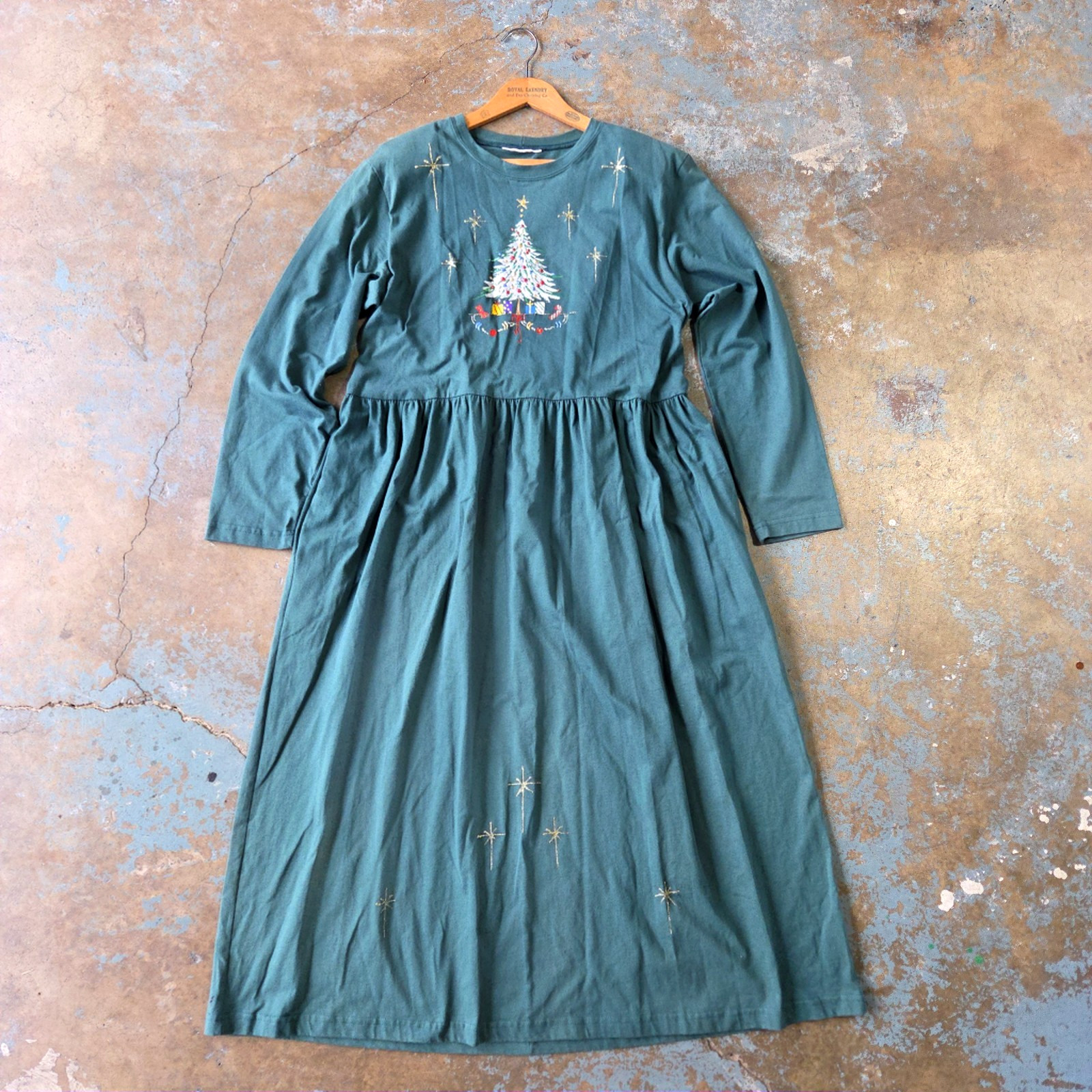 Vintage 90s Christmas Tree Midi Dress Size XXL Green Babydoll Puff Paint