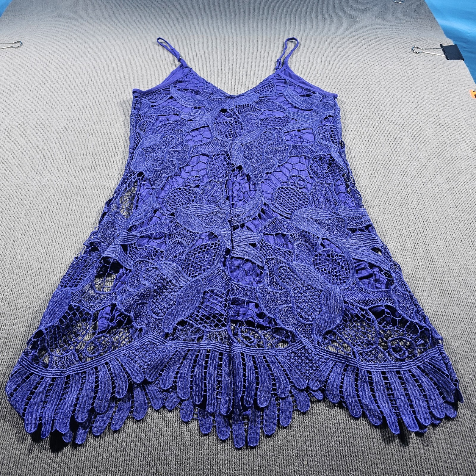 EXPRESS Crochet Trapeze V-Neck Mini Dress Indigo Purple / Blue Party 2016 Large