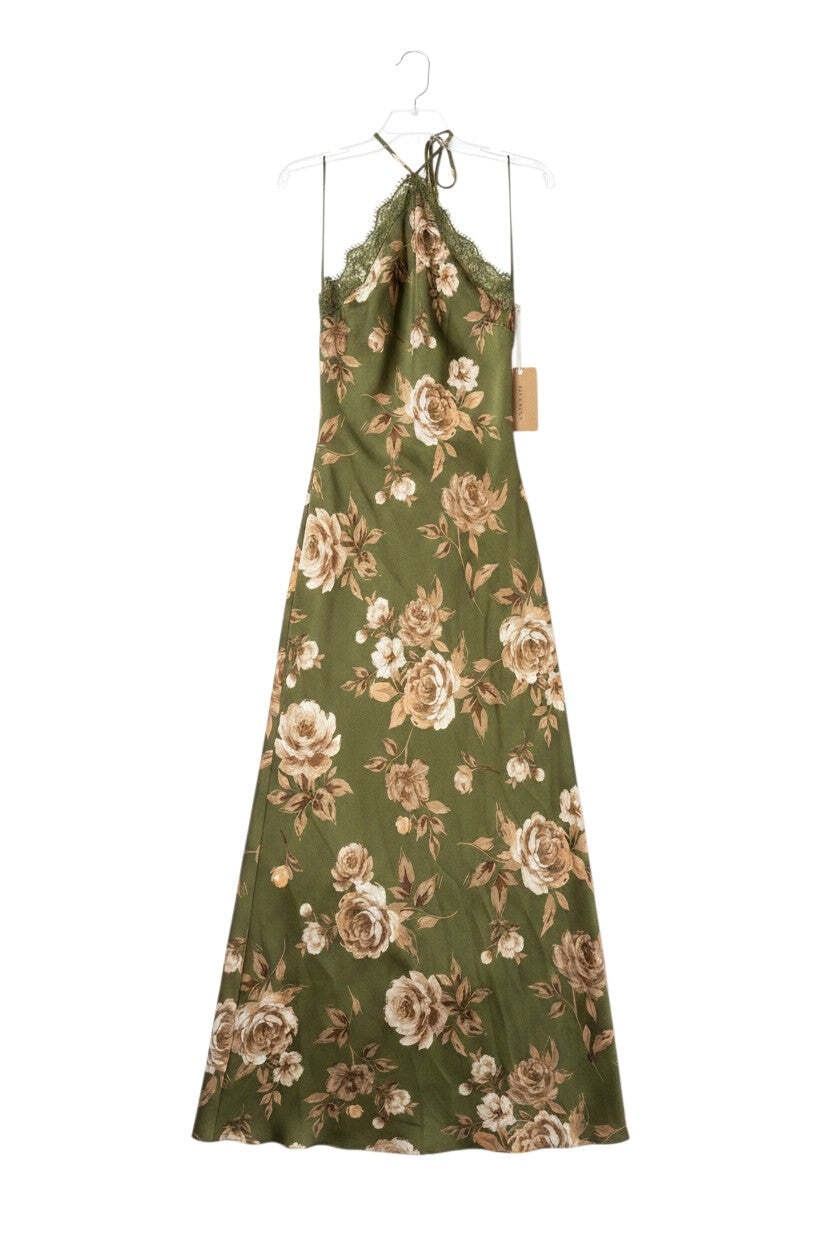 Green Floral Maxi Dress with Lace Trim