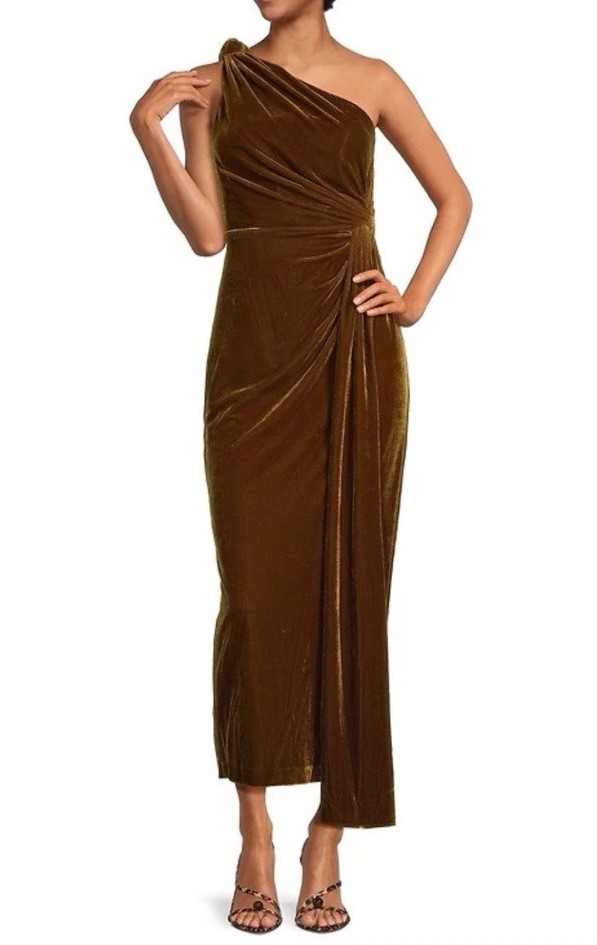 Muse by Marchesa Ayla One Shoulder Velvet Formal Dress Gown Mustard Gold SZ 6