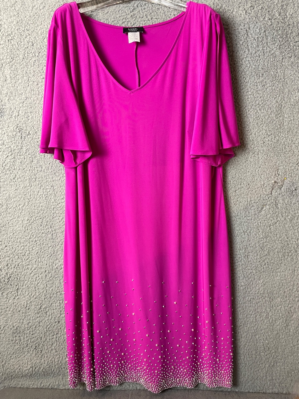 MSK Dress Womens XXL 2XL Pink Fuchsia Silver Beads Faux Pearls Flutter Sleeves