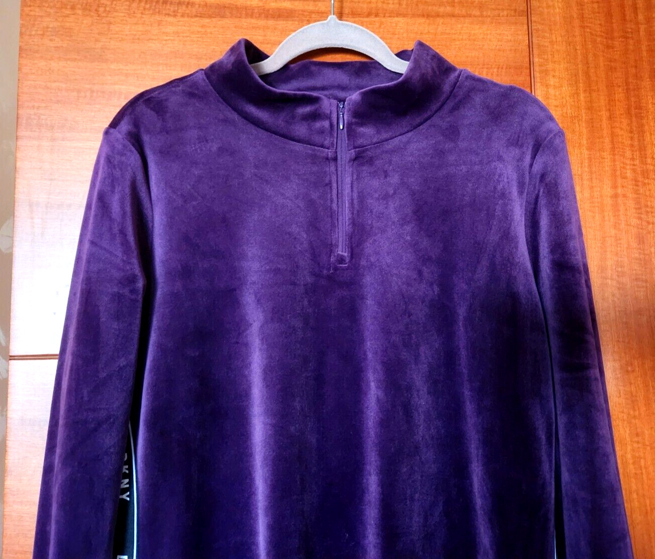 New DKNY Purple Velour Stand up Collar with Short Zipper and Logo dress, Size XL