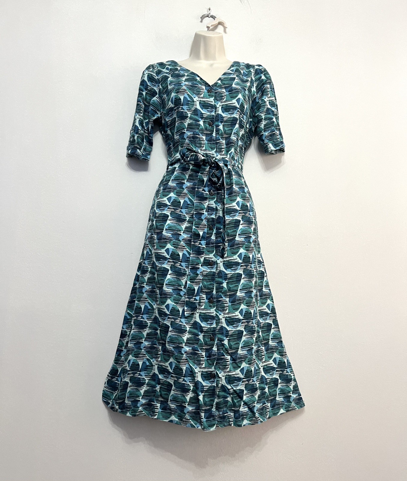 Weird Fish Button Up Belted Tie Abstract Print Midi Shirt Dress UK 10