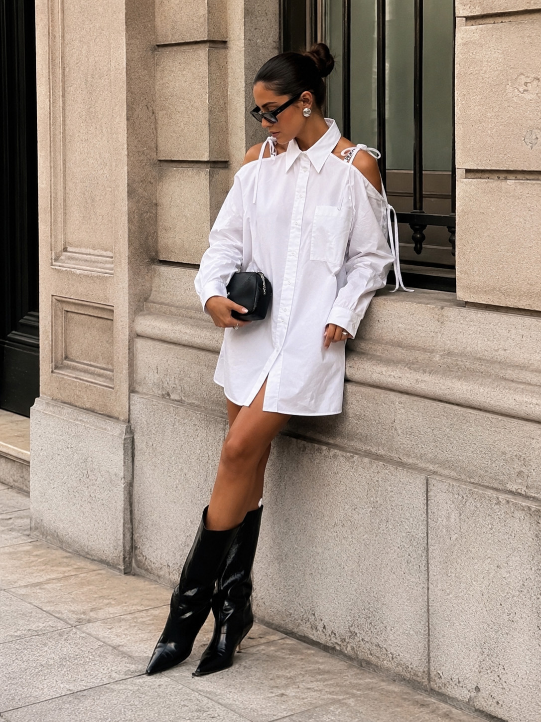 HUGO Boss White Cotton Shirt Dress Cold Shoulder Oversized NWT S 34 Kivy