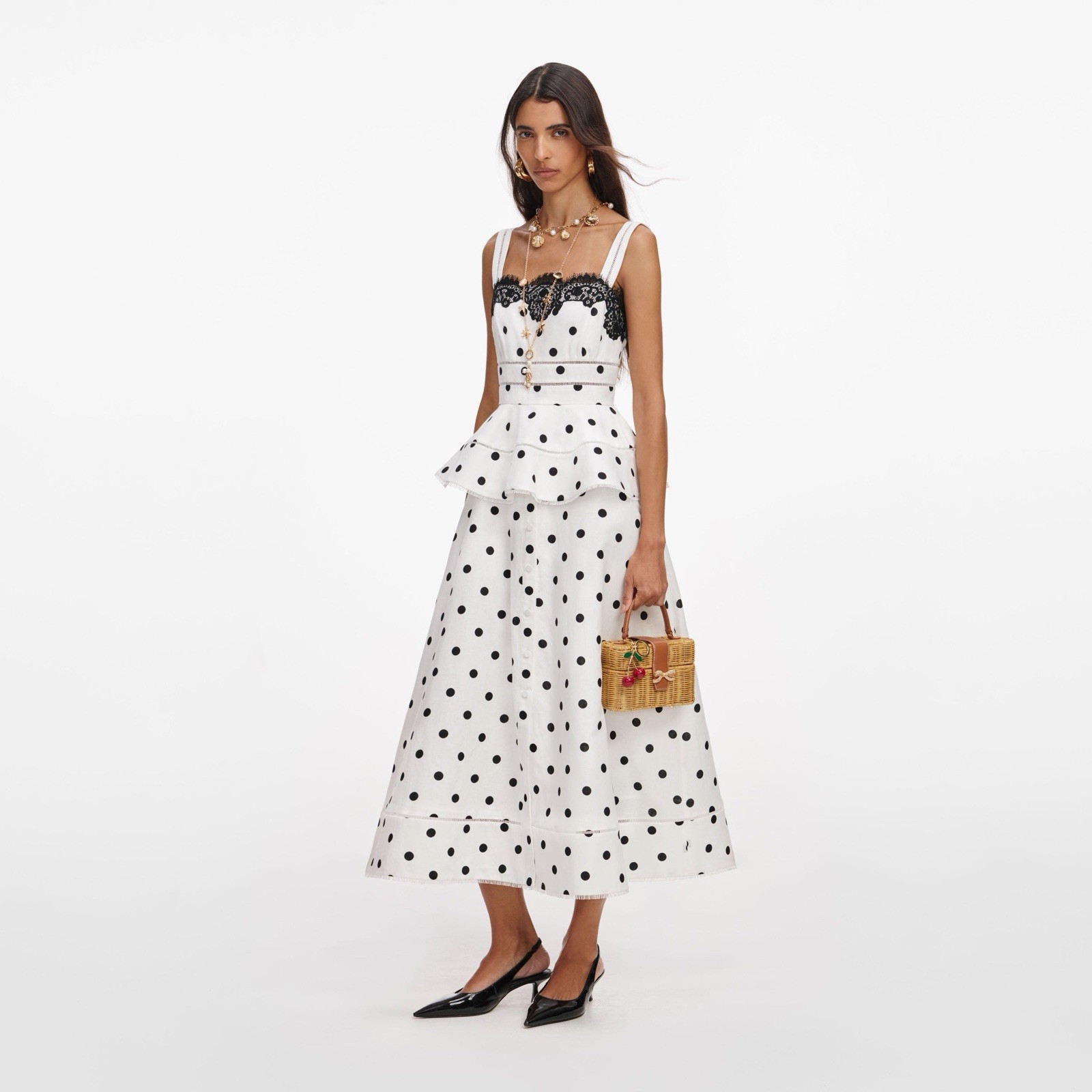 Self Portrait WHITE POLKA DOT LINEN MIDI DRESS