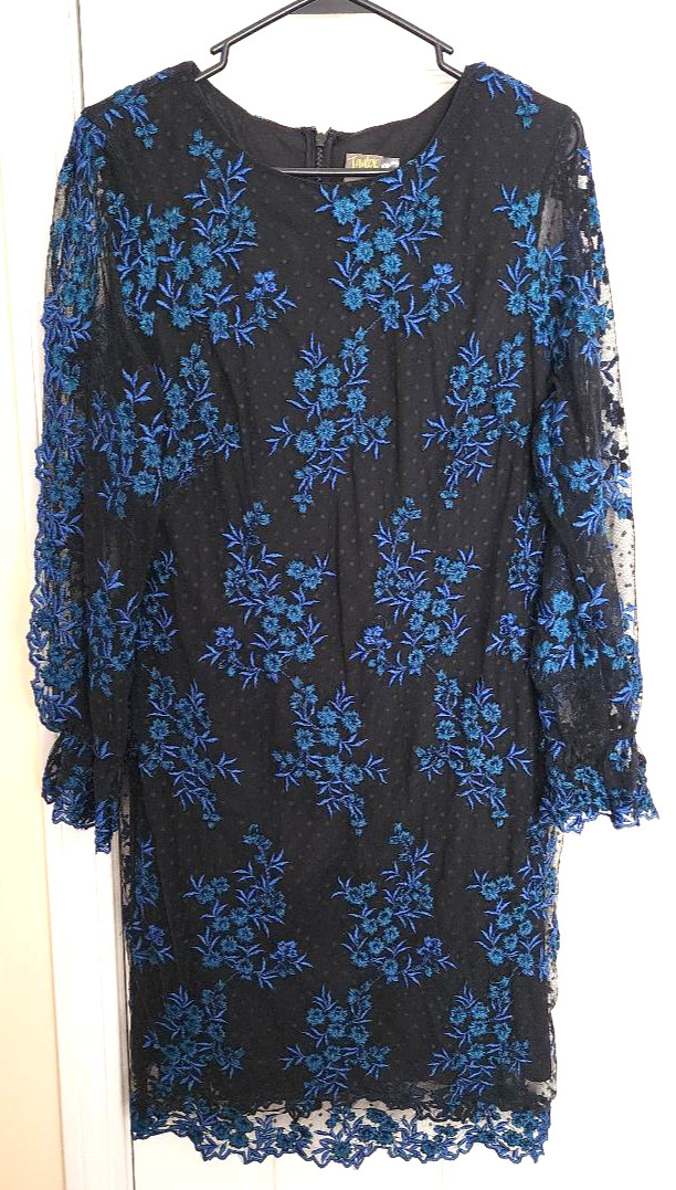TAYLOR Women’s Blue Floral Zip & Hook Embroidered Black Lace Sheath Dress, 14