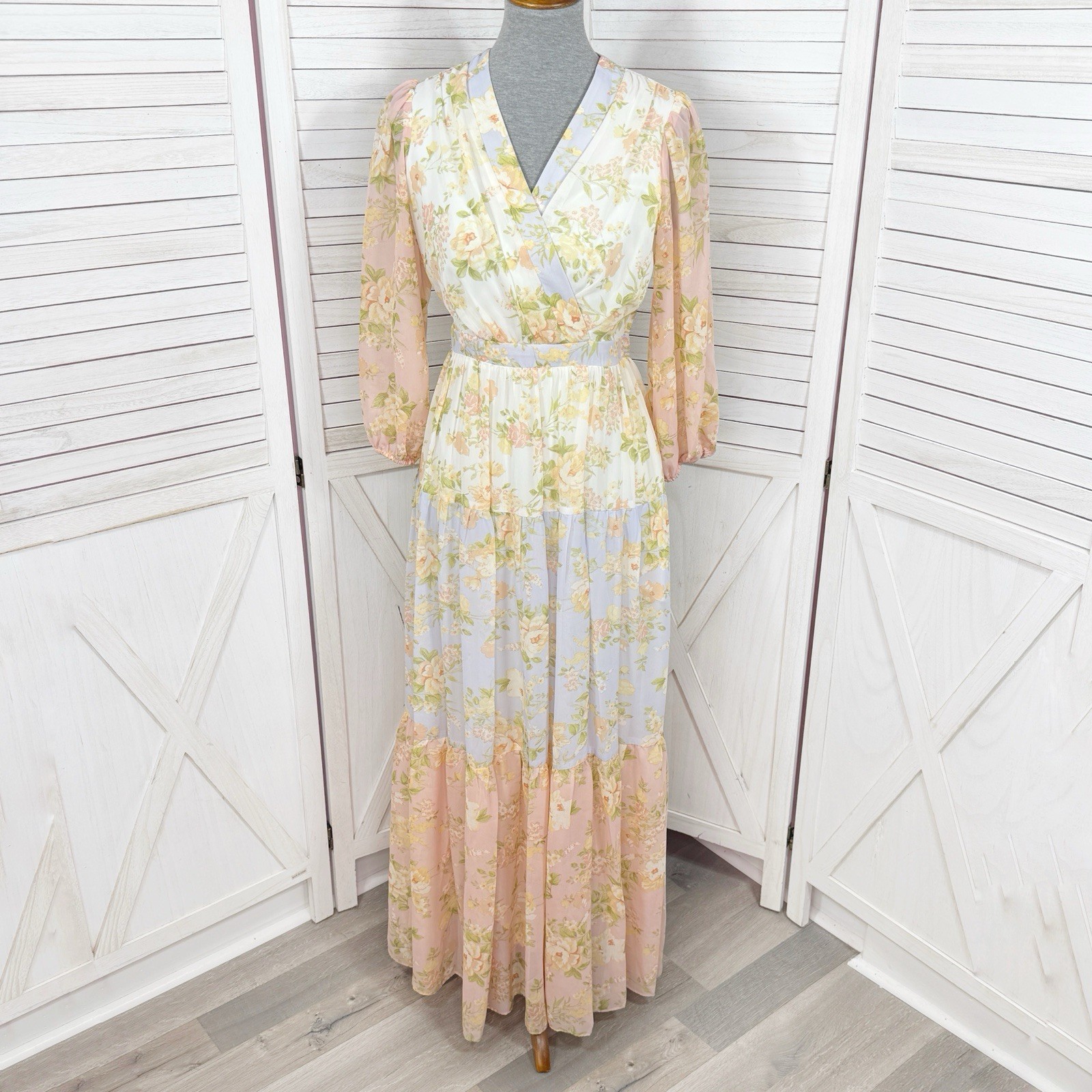 Taylor Dress Size 6 Pink Multi Floral Patchwork Tiered Chiffon Maxi Cottagecore