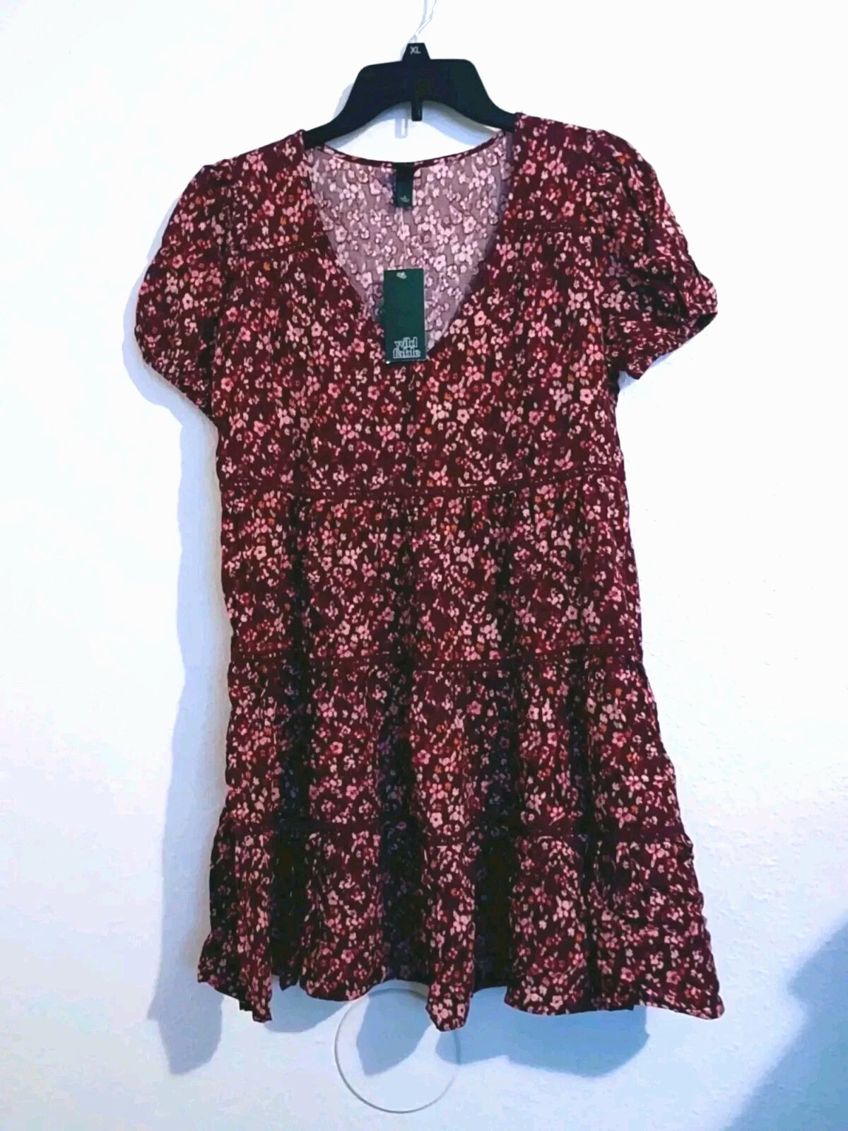WILD FABLE PURPLE AND PINK FLORAL & EMBROIDERED BABYDOLL RUFFLE DRESS SIZE M
