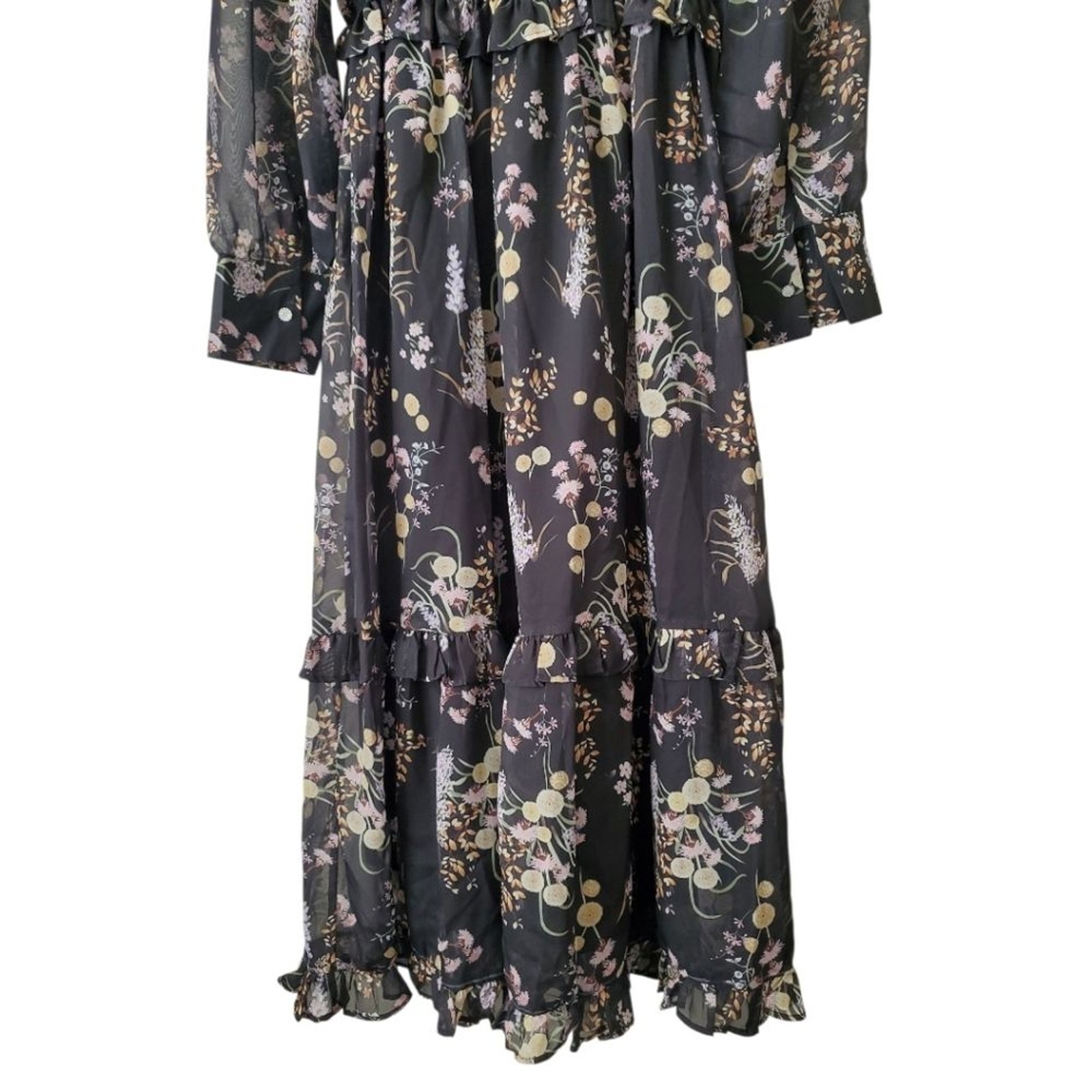 N by Nancy Black Floral Tiered Long Sleeve Ruffled Midi Dress Medium