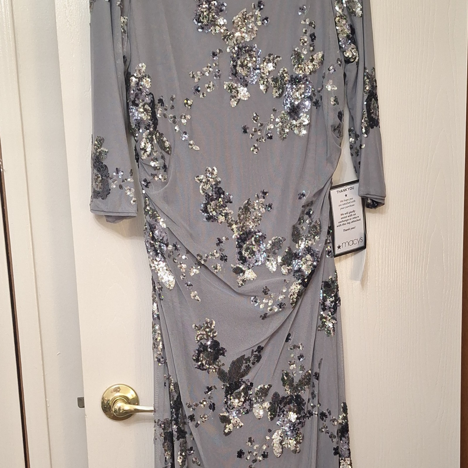 MOB GOWN SLNY Women’s 16 Gray Sequin Ruched Floral V-Neck Sheath Dress 3/4 Knee