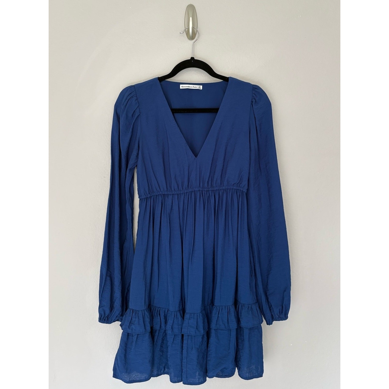 Abercrombie & Fitch Long Sleeve V-Neck Tiered Ruffle Mini Dress Blue XS Tall
