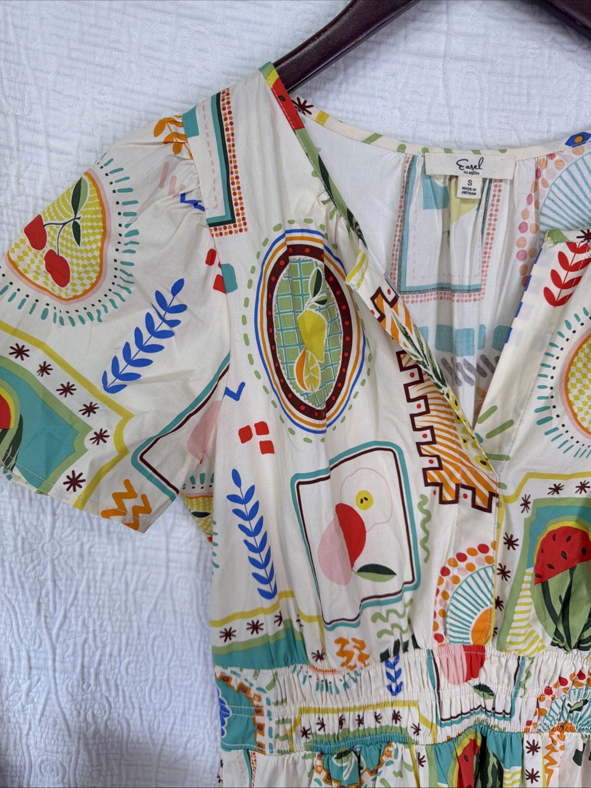 Easel Fruit Print Cotton Tiered Midi Dress Small Short Sleeve Garden Cottagecore