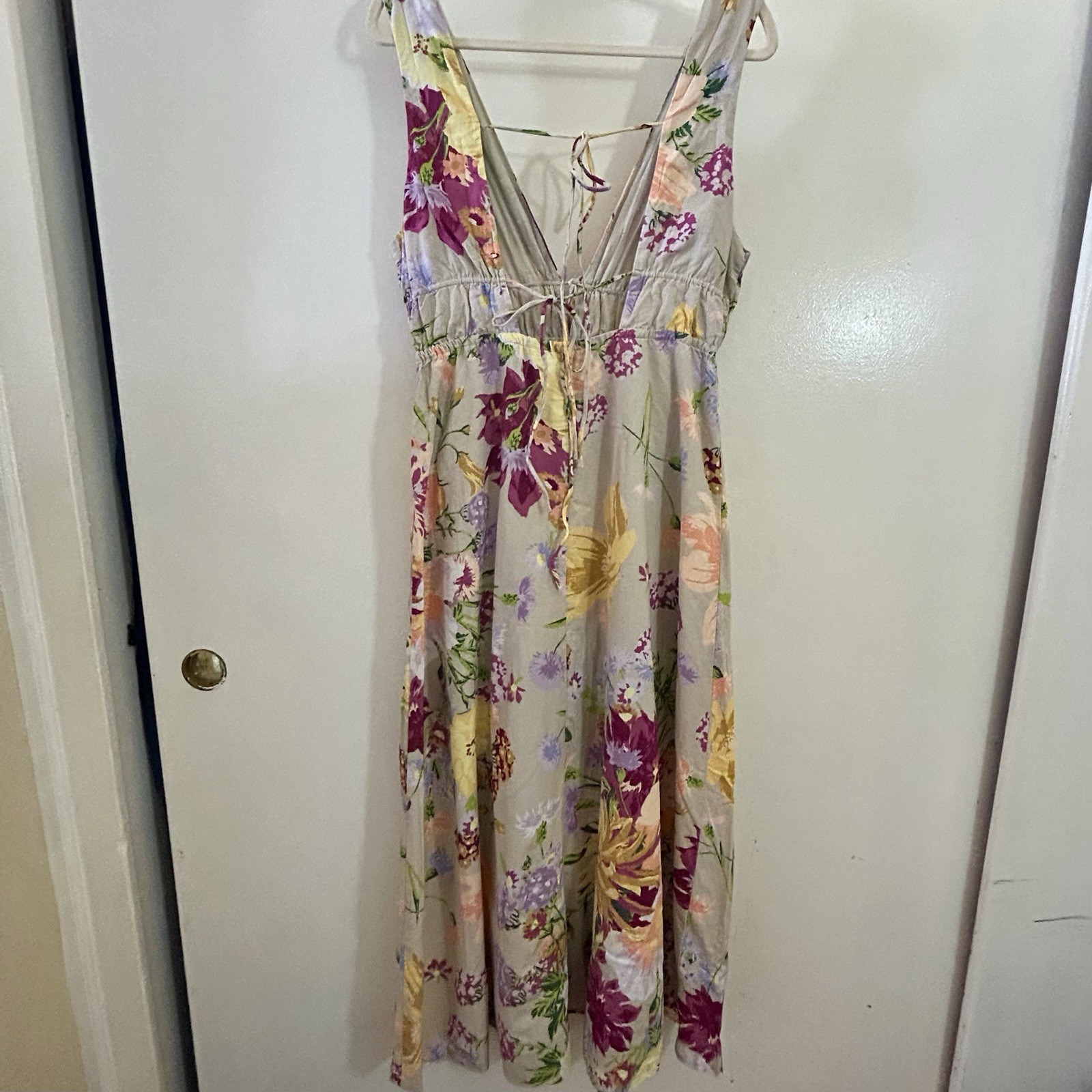 H&M Floral Summer Cotton Linen Maxi Dress Fully Lined Adjustable Long Large / L