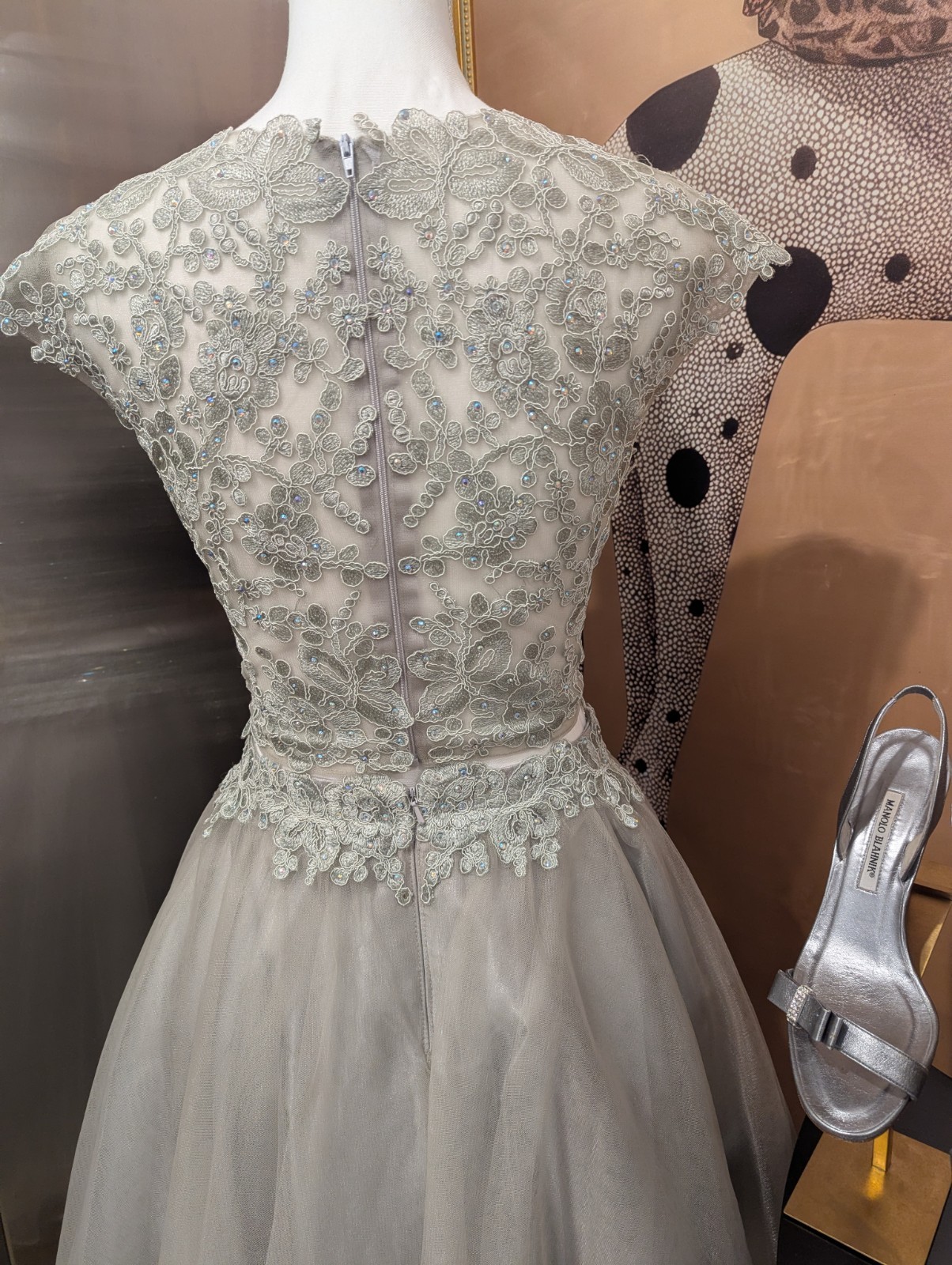 May Queen Size 12 Gray Beaded Embroidered Tulle V-Neck A-Line Knee Dress