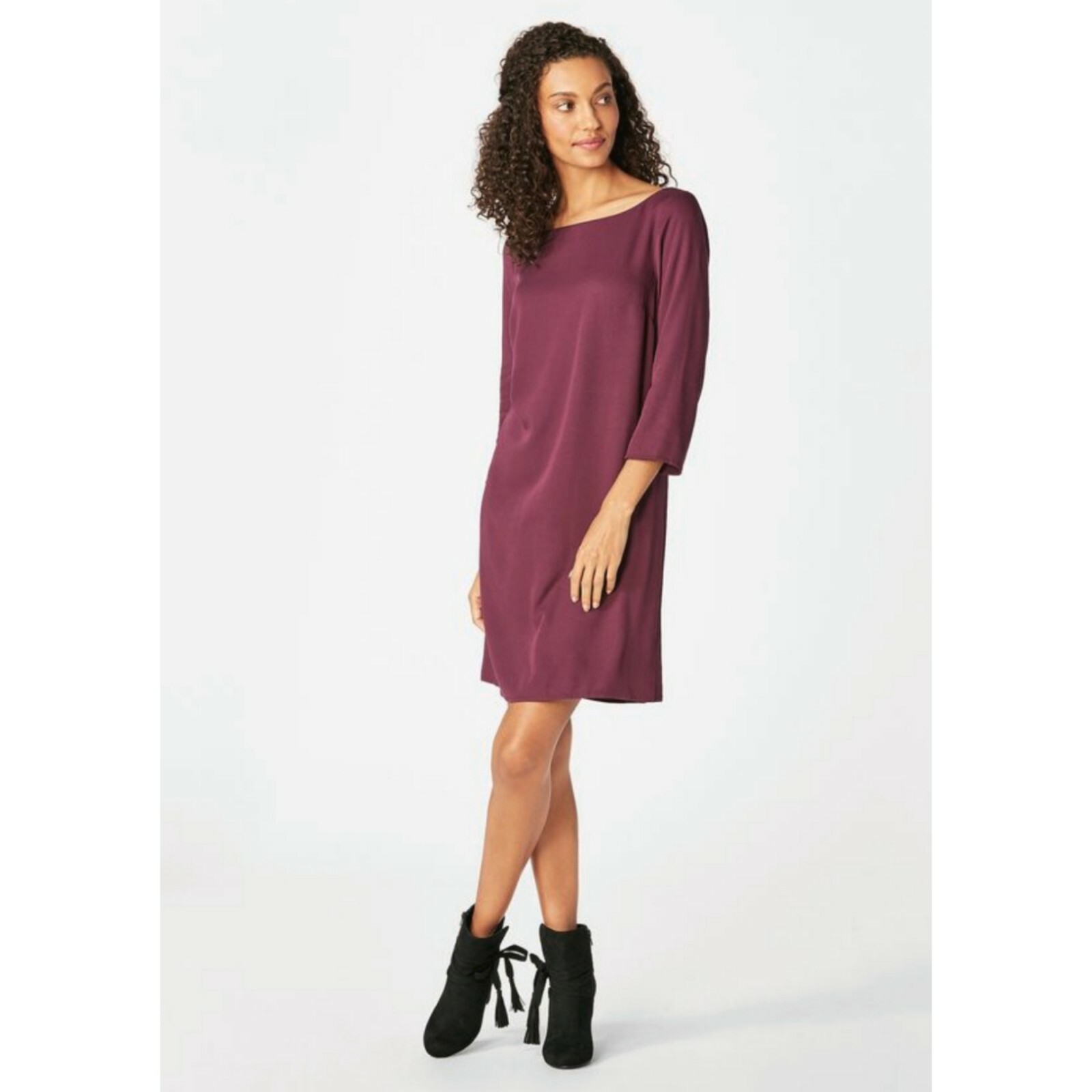 NEW JustFab Women’s XS Boysenberry Shift Dress 3/4 Sleeves Basic Rayon Boatneck