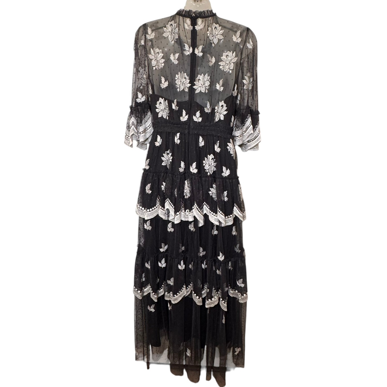 Needle & Thread Amber Petal Embroidered Tiered Lace Dress/Gown Black US 6