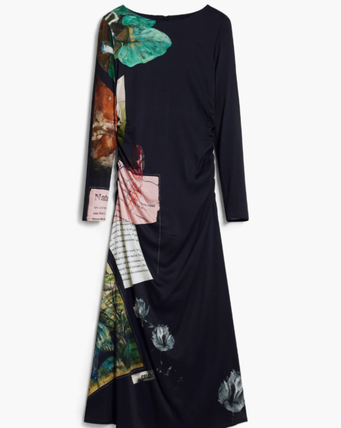NEW, Desigual Mix Print Long Sleeve Midi Dress in Black Sz S #MD1697