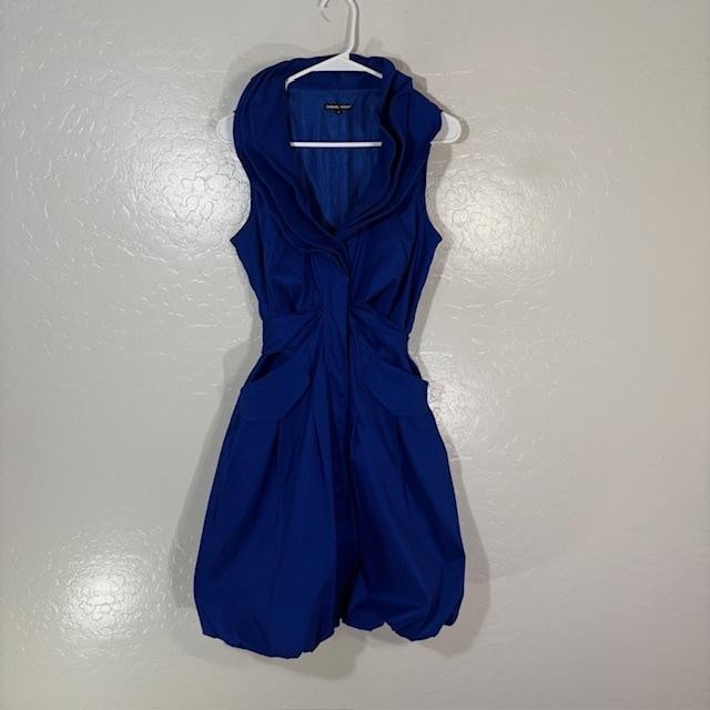 Samuel Dong Dress Womens Medium Blue Solid Cowl Neck Bubble Hem Party Sleeveless