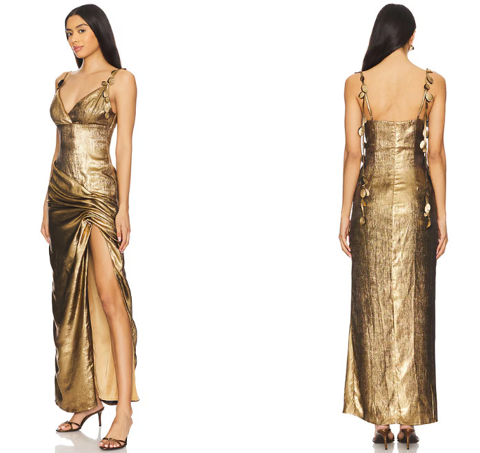 YAURA Ileri Dress draped leaf gold satin asymmetrical hem size S NWT $280msrp