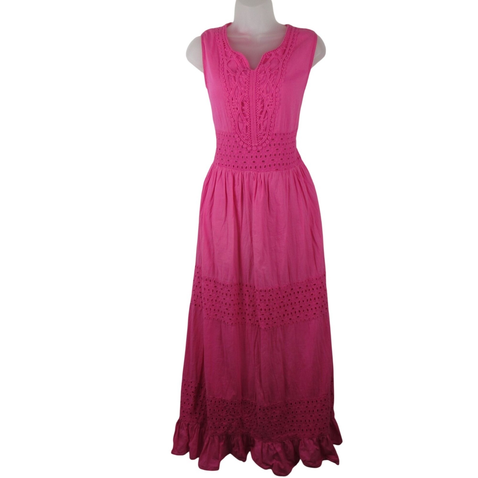 Jessica Taylor Pink Sleeveless Maxi Dress Crochet Lace Ruffle Hem Cotton Size M